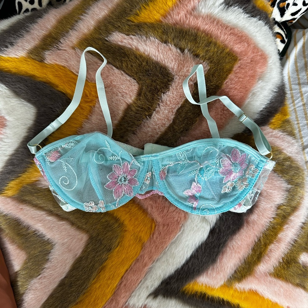 pickle. Floral Embroidered Lace Bra - Blue and Pink